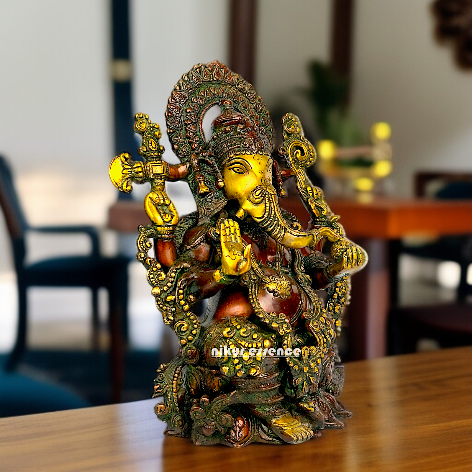 Big Ganesha Sitting on Lotus with Four hand Brass idol - 15.5 Inches Nikuressence