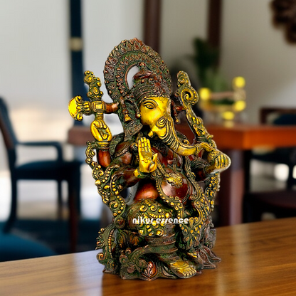 Big Ganesha Sitting on Lotus with Four hand Brass idol - 15.5 Inches Nikuressence