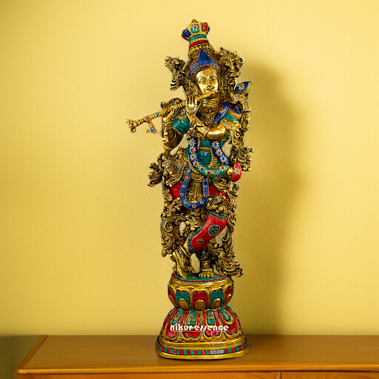 Krishna standing with Playing Flute brass stone work idol - 29 Inches Nikuressence