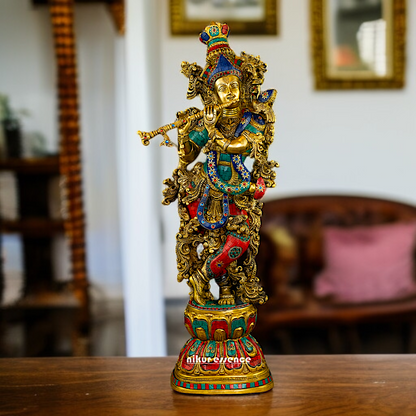 Krishna standing with Playing Flute brass stone work idol - 29 Inches Nikuressence