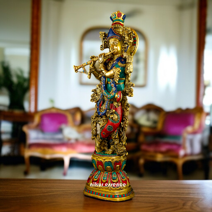 Krishna standing with Playing Flute brass stone work idol - 29 Inches Nikuressence
