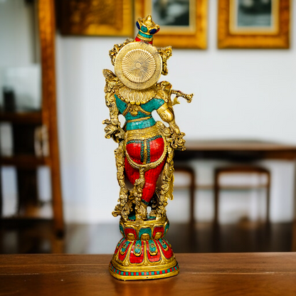 Krishna standing with Playing Flute brass stone work idol - 29 Inches Nikuressence