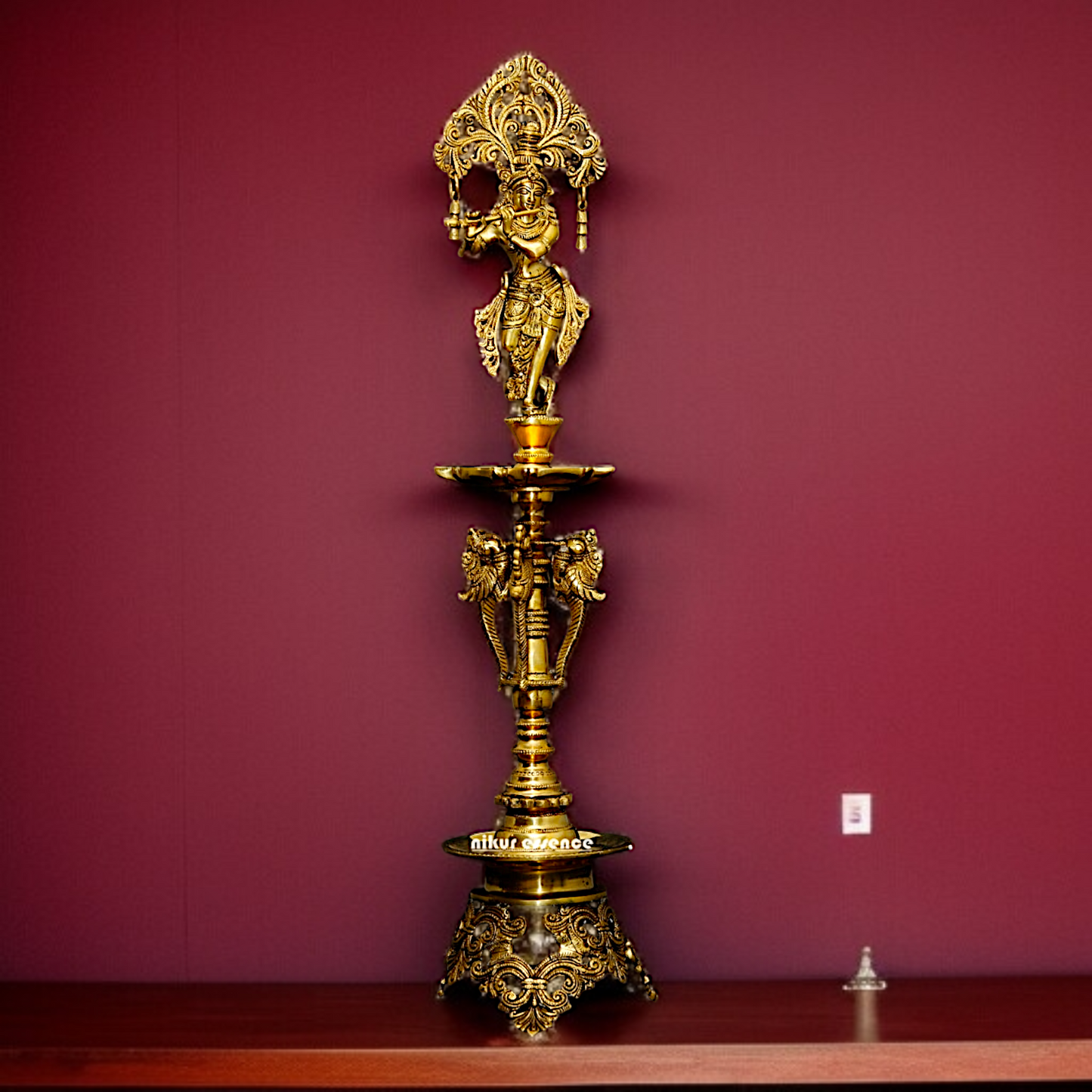 Solid Brass Krishna diya lamp stand with Bell - 27.5 Inches Nikuressence