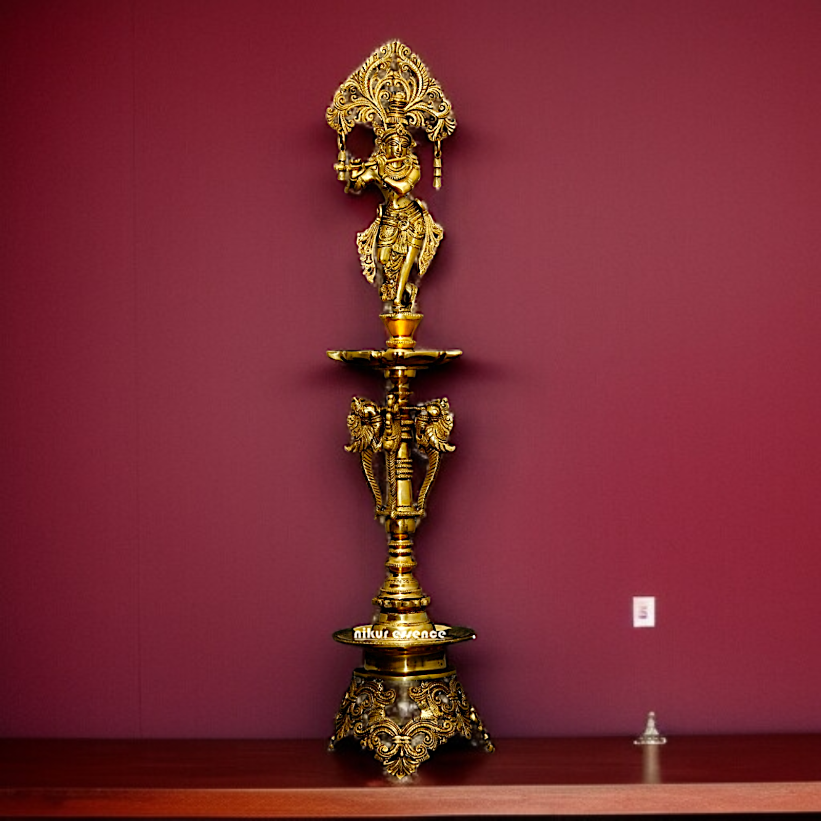 Solid Brass Krishna diya lamp stand with Bell - 27.5 Inches Nikuressence