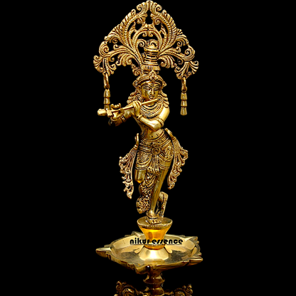 Solid Brass Krishna diya lamp stand with Bell - 27.5 Inches Nikuressence