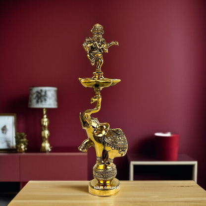 Ganesha Dancing Diya lamp solid Brass idol - 17.5 Inches Nikuressence