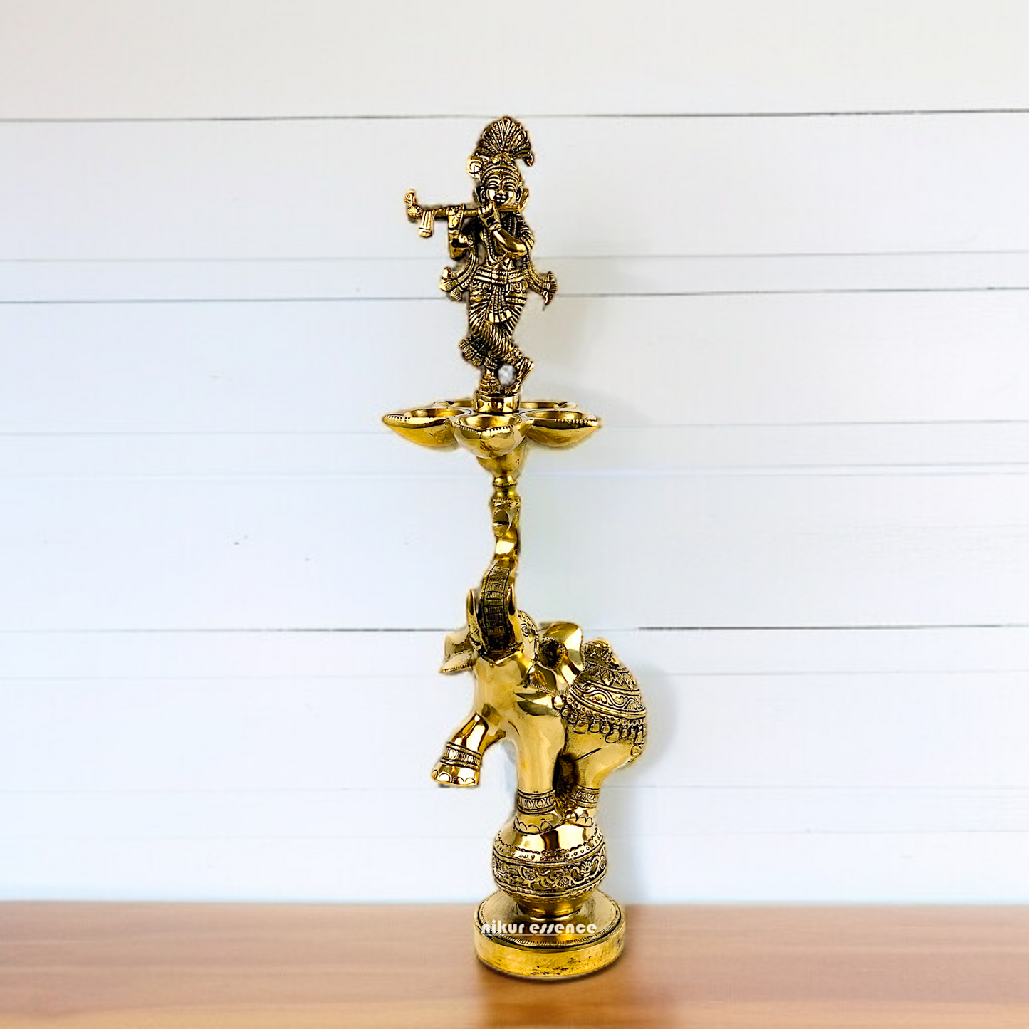 Krishna with elephant standing Diya stand Brass idol - 17.5 Inches Nikuressence