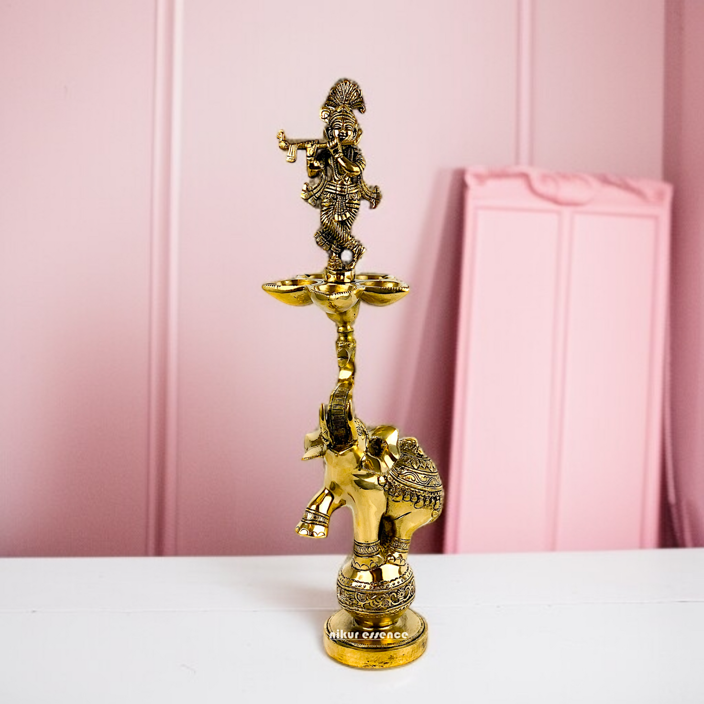 Krishna with elephant standing Diya stand Brass idol - 17.5 Inches Nikuressence