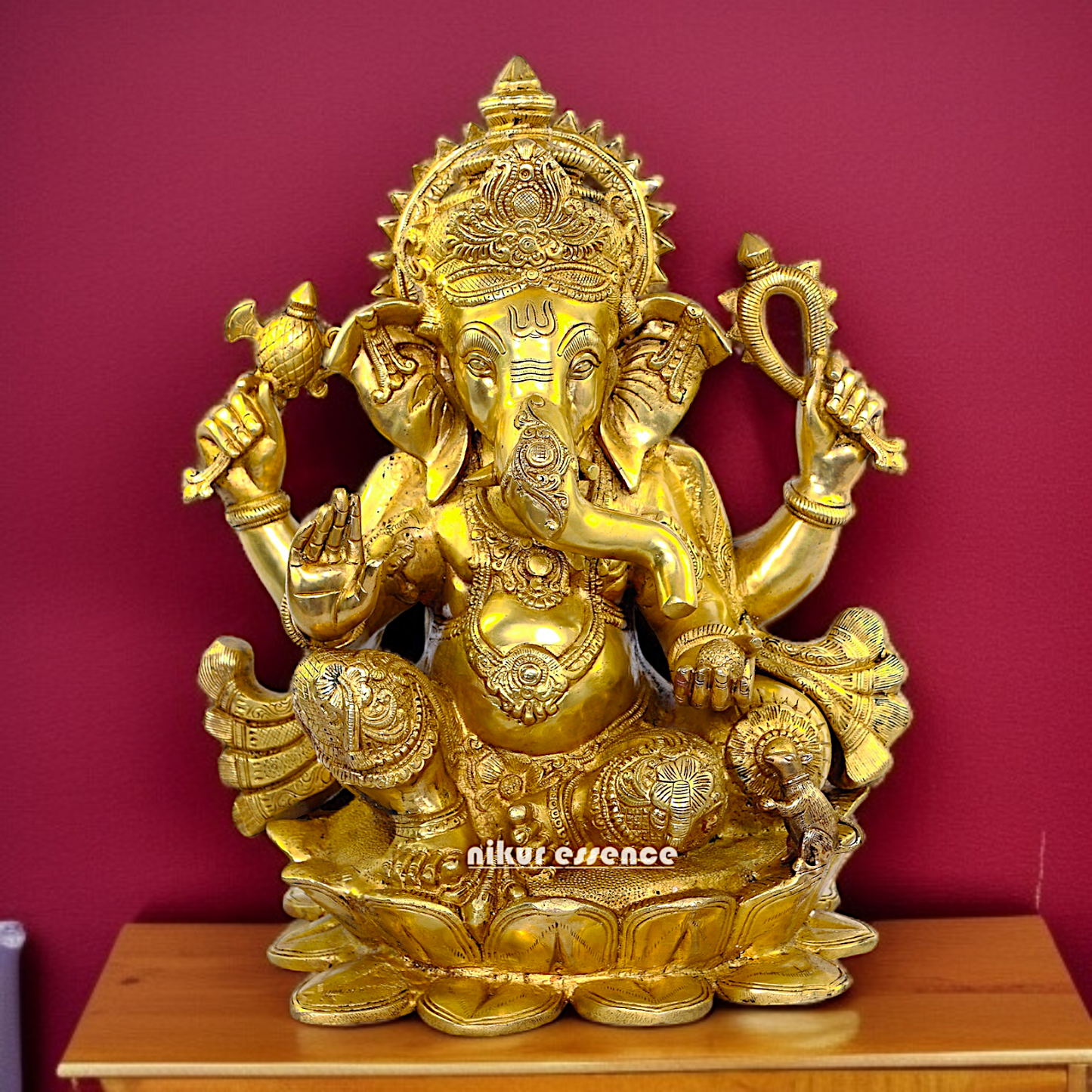 Large Pure Brass Ganesha Sitting on Lotus idol - 21 Inches Nikuressence