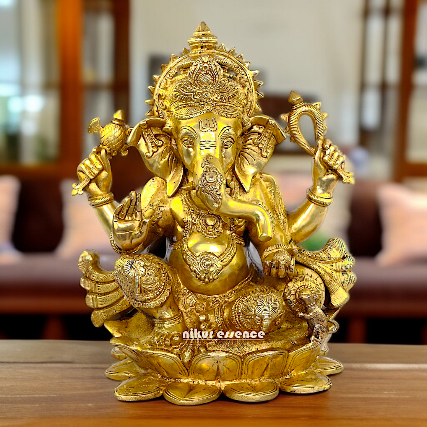Large Pure Brass Ganesha Sitting on Lotus idol - 21 Inches Nikuressence