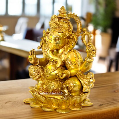 Large Pure Brass Ganesha Sitting on Lotus idol - 21 Inches Nikuressence