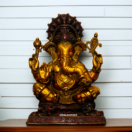Ganesha Sitting on throne with Blessing Brass idol - 20 Inches Nikuressence