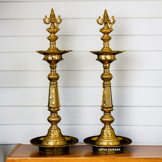 Pair Lakshmi diya set with stand Solid Brass - 2 Feet Nikuressence