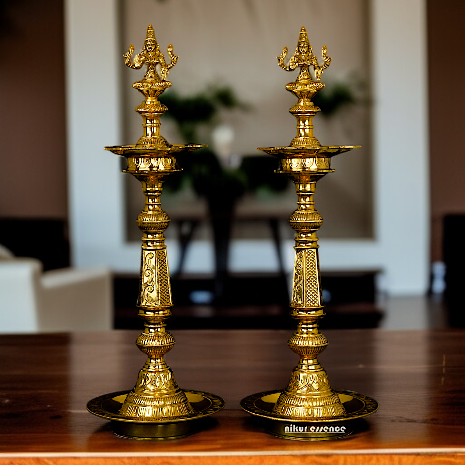 Pair Lakshmi diya set with stand Solid Brass - 2 Feet Nikuressence