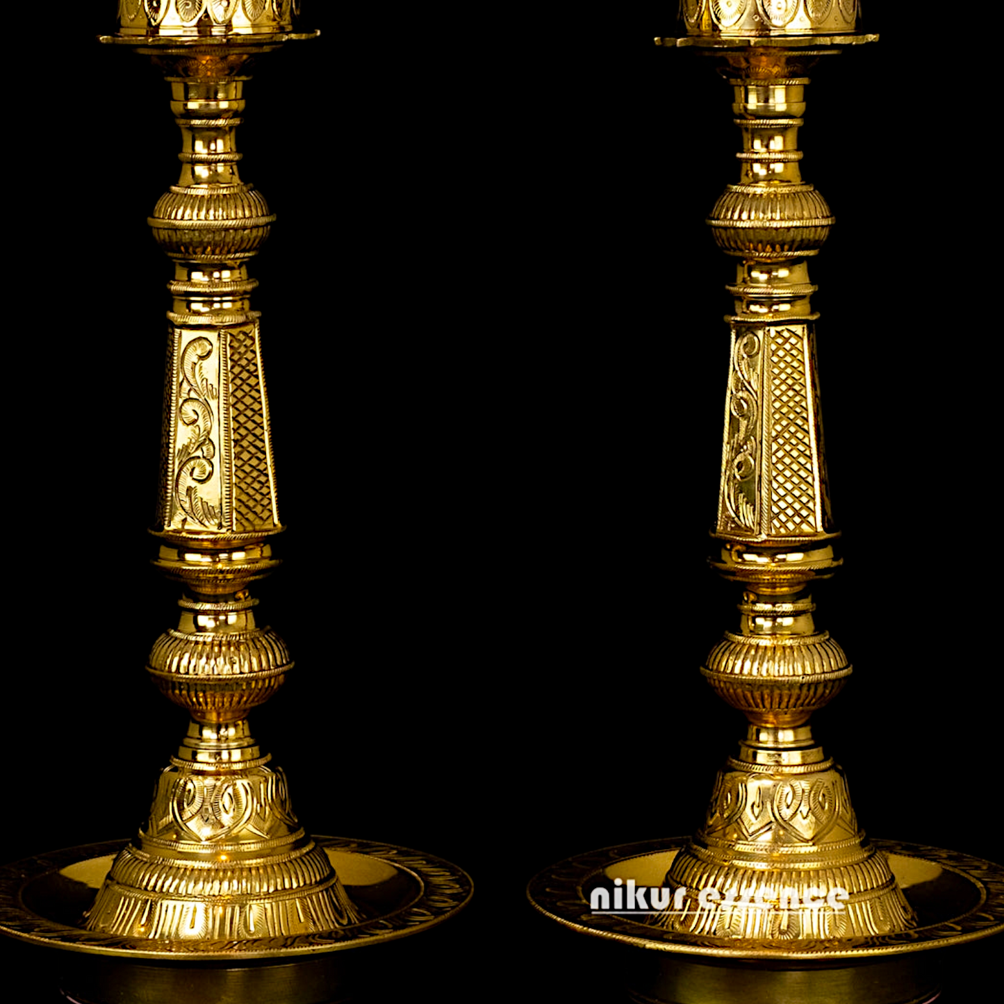 Pair Lakshmi diya set with stand Solid Brass - 2 Feet Nikuressence