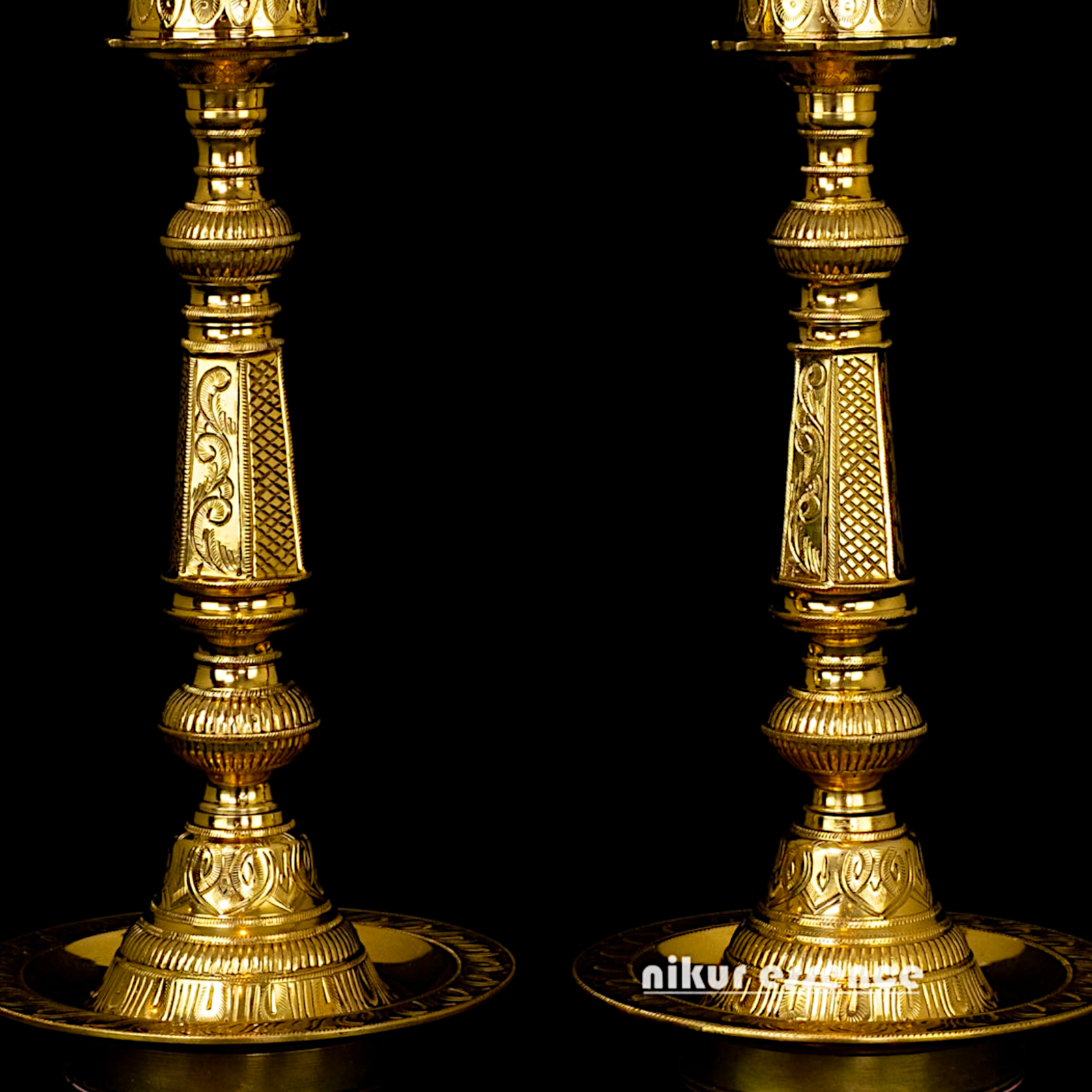 Pair Lakshmi diya set with stand Solid Brass - 2 Feet Nikuressence