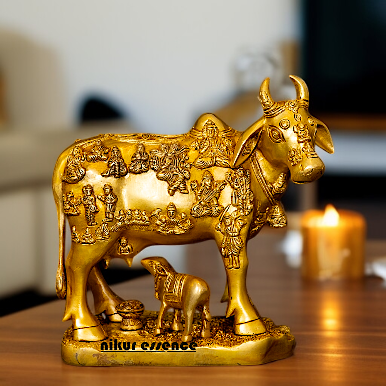 Pure Brass kamadhenu Cow with Calf statue - 10.5 Inches Nikuressence