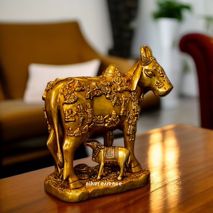 Pure Brass kamadhenu Cow with Calf statue - 10.5 Inches Nikuressence