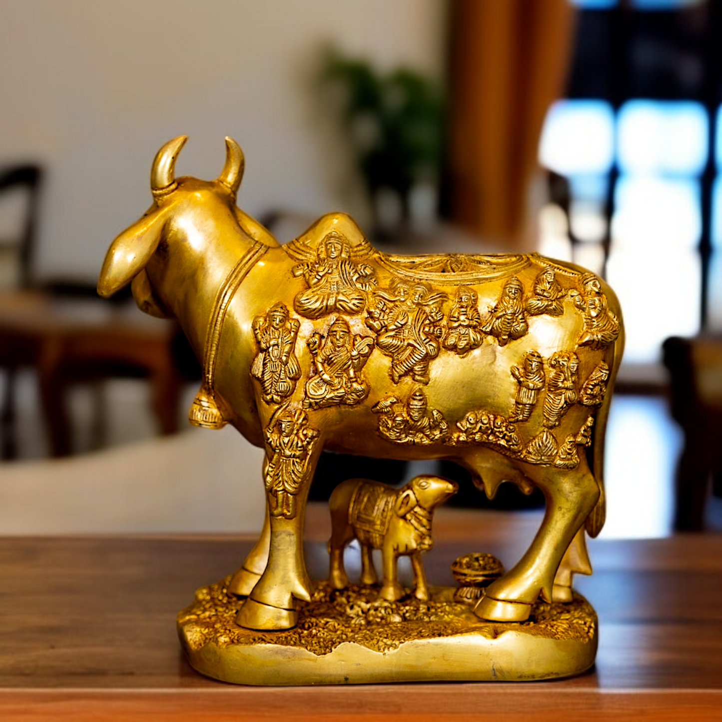 Pure Brass kamadhenu Cow with Calf statue - 10.5 Inches Nikuressence
