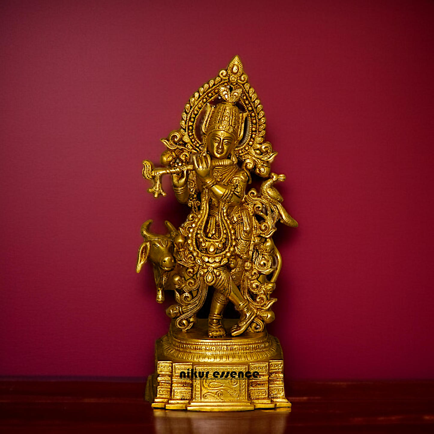 Krishna Murli with Playing Flute and cow Brass idol - 13.5 Inches Nikuressence