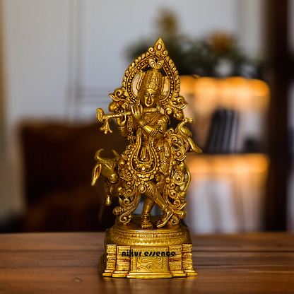 Krishna Murli with Playing Flute and cow Brass idol - 13.5 Inches Nikuressence
