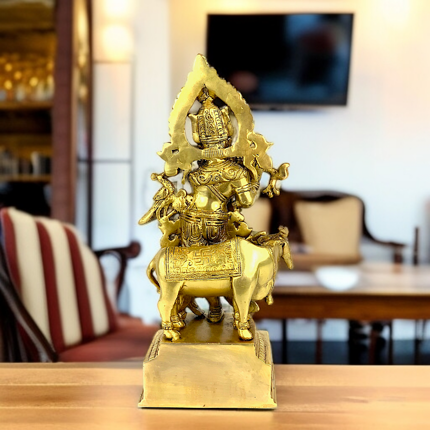 Krishna Murli with Playing Flute and cow Brass idol - 13.5 Inches Nikuressence