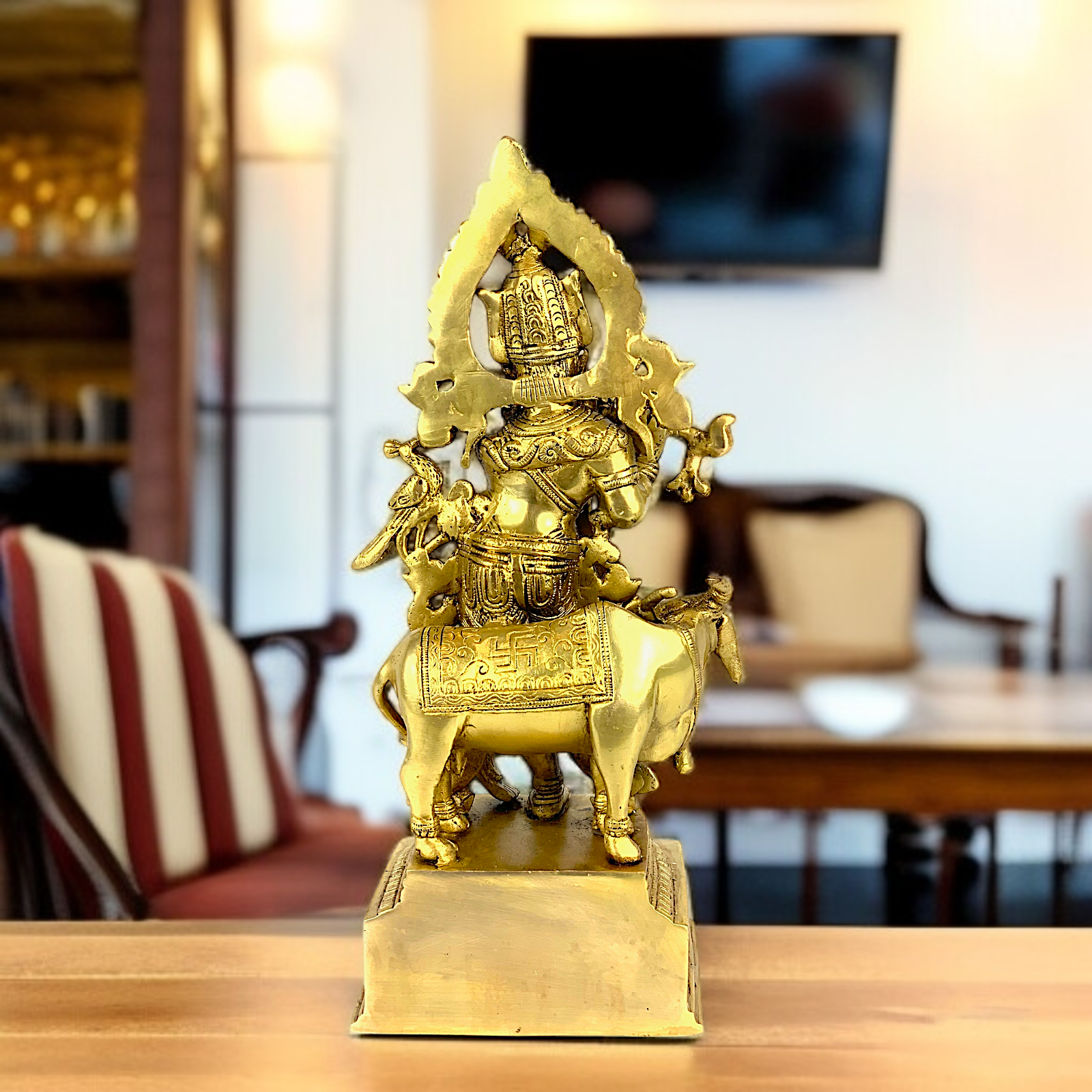 Krishna Murli with Playing Flute and cow Brass idol - 13.5 Inches Nikuressence