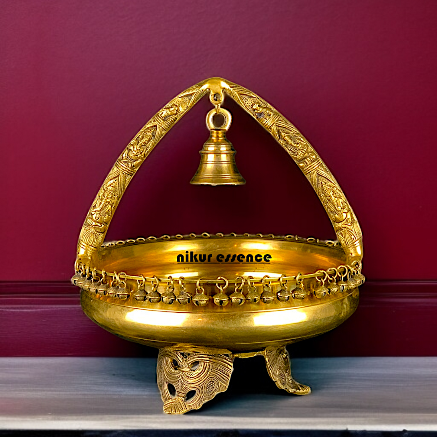 Pure Brass Urli stand with ghunghroo Bell Home decor - 15 Inches Nikuressence