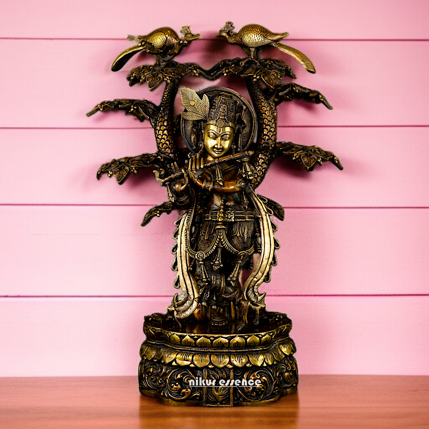 Large Krishna Playing Flute with Tree Brass idol - 2 Feet Nikuressence