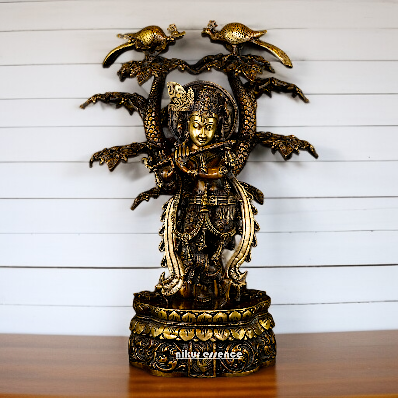 Large Krishna Playing Flute with Tree Brass idol - 2 Feet Nikuressence