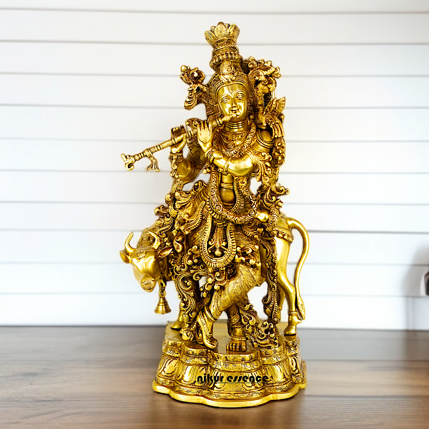 Pure Brass krishna with cow standing Playing Flute Bell idol - 26.5 Inches Nikuressence