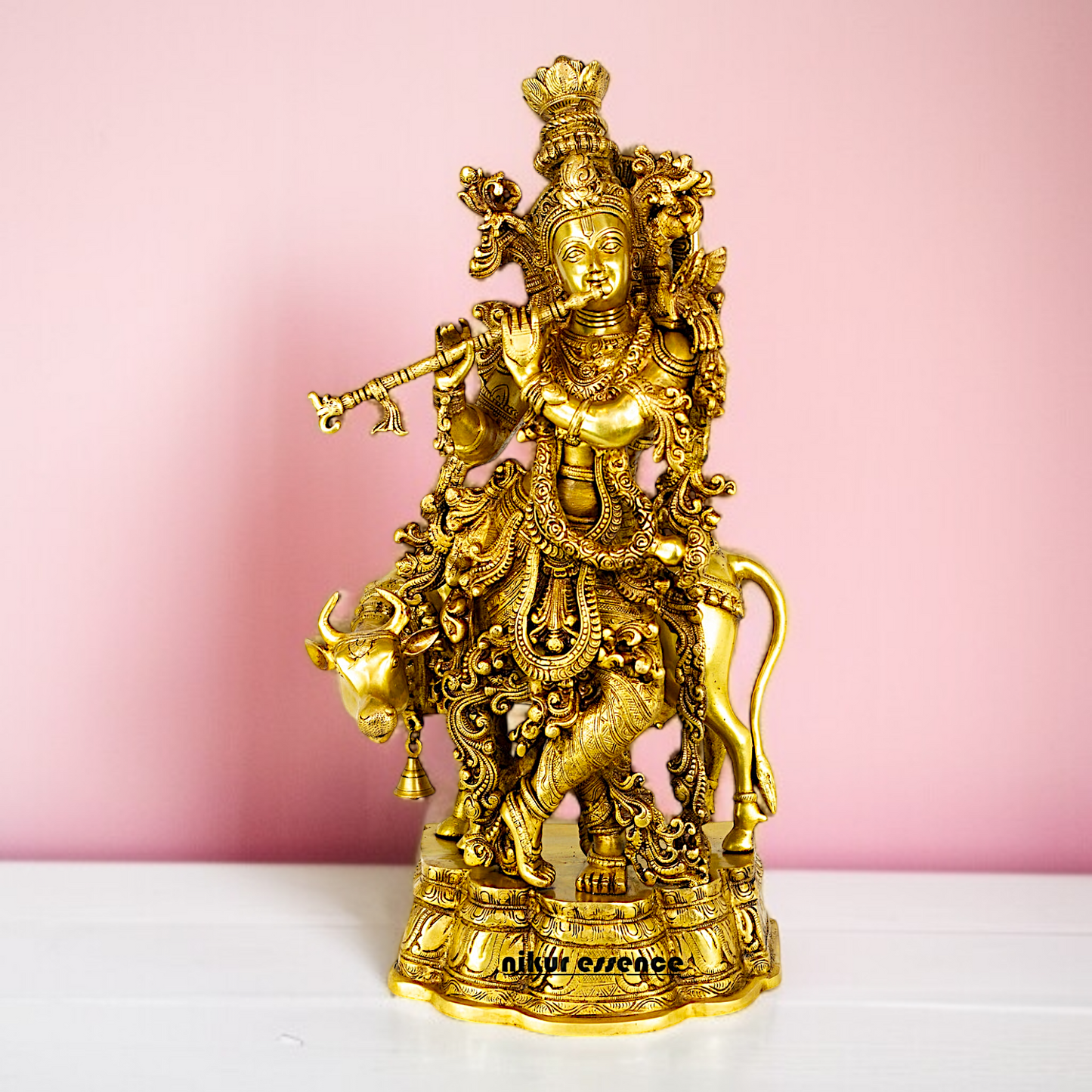 Pure Brass krishna with cow standing Playing Flute Bell idol - 26.5 Inches Nikuressence