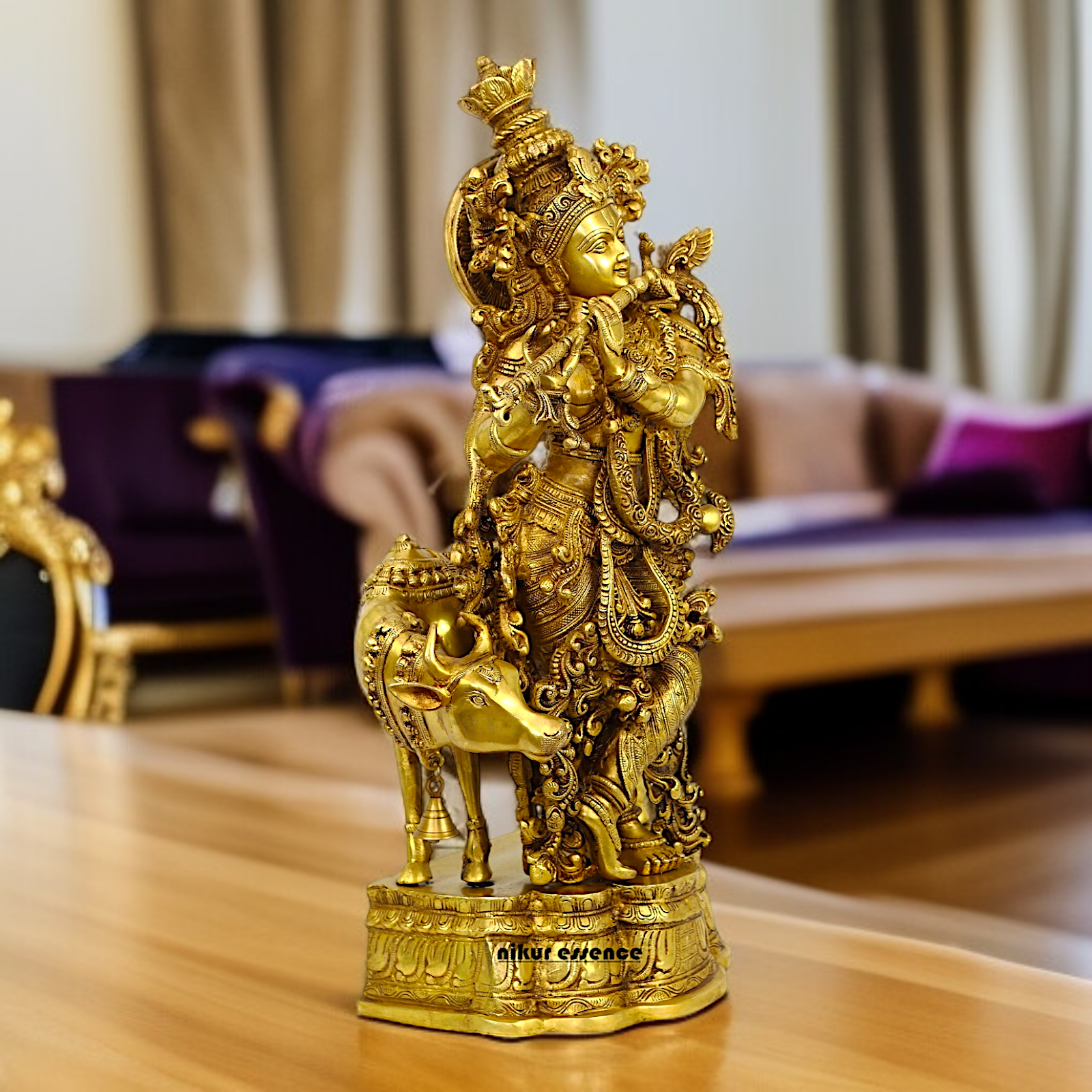 Pure Brass krishna with cow standing Playing Flute Bell idol - 26.5 Inches Nikuressence