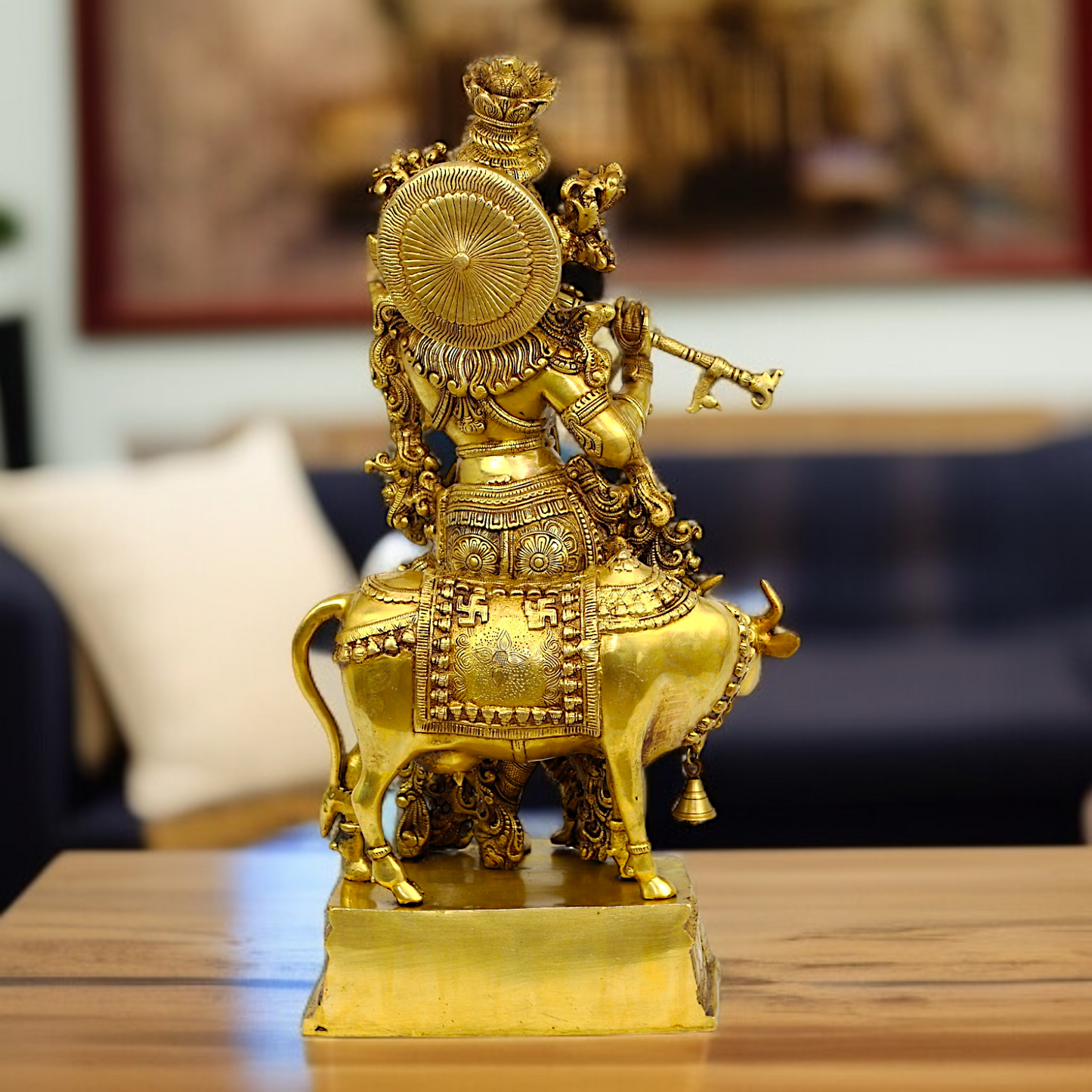 Pure Brass krishna with cow standing Playing Flute Bell idol - 26.5 Inches Nikuressence