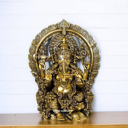 Big Ganesha Ganpati seated on singhasan with kirtimukha Brass idol - 18 Inches Nikuressence