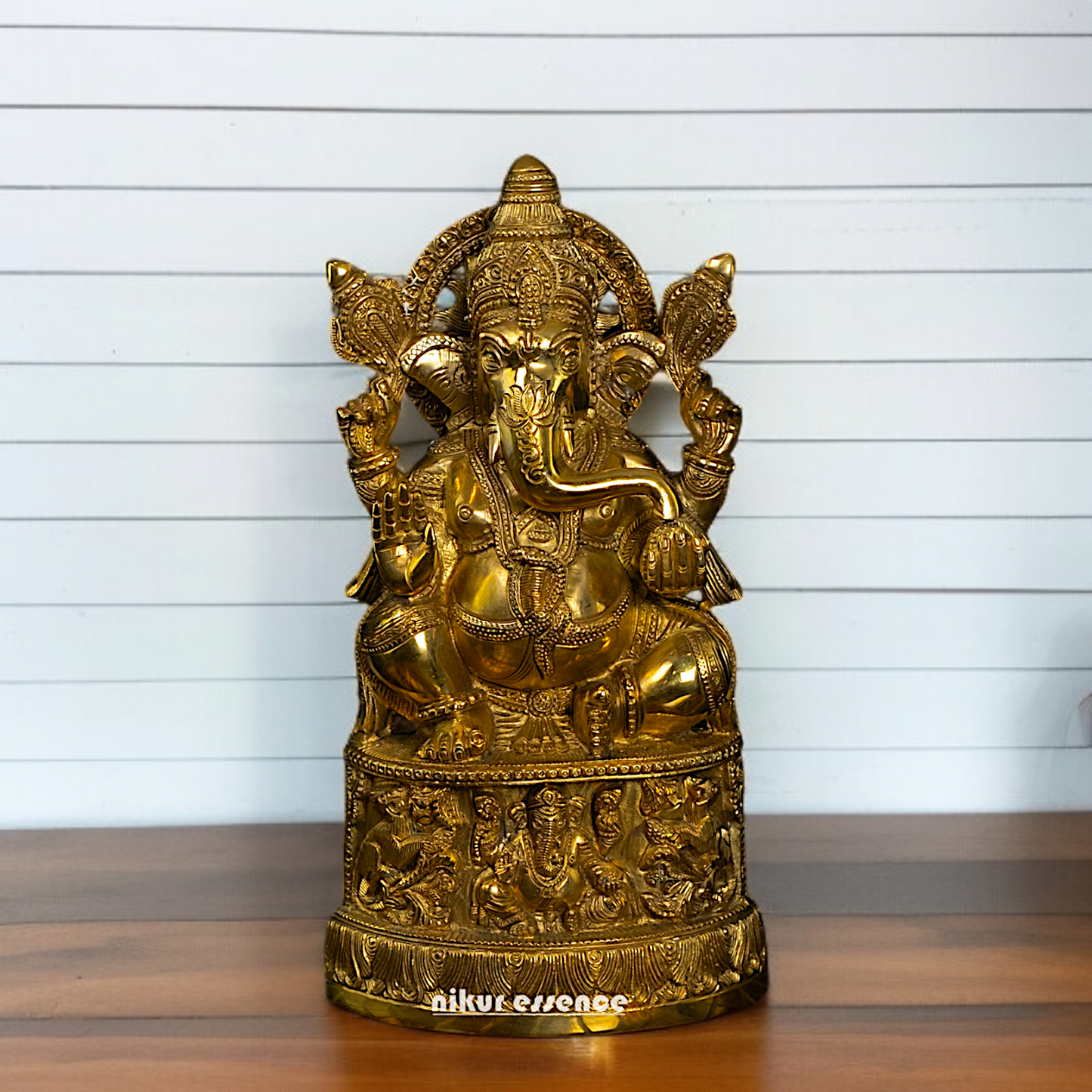 Antique Brass Ganesha Vinayaka Blessing seated on throne idol - 13.5 Inches Nikuressence