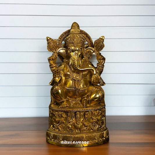 Antique Brass Ganesha Vinayaka Blessing seated on throne idol - 13.5 Inches Nikuressence