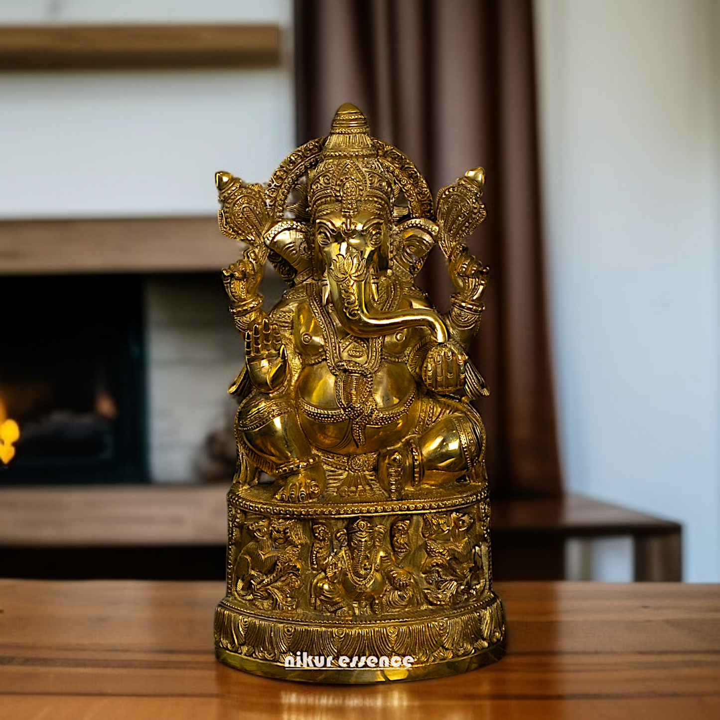 Antique Brass Ganesha Vinayaka Blessing seated on throne idol - 13.5 Inches Nikuressence