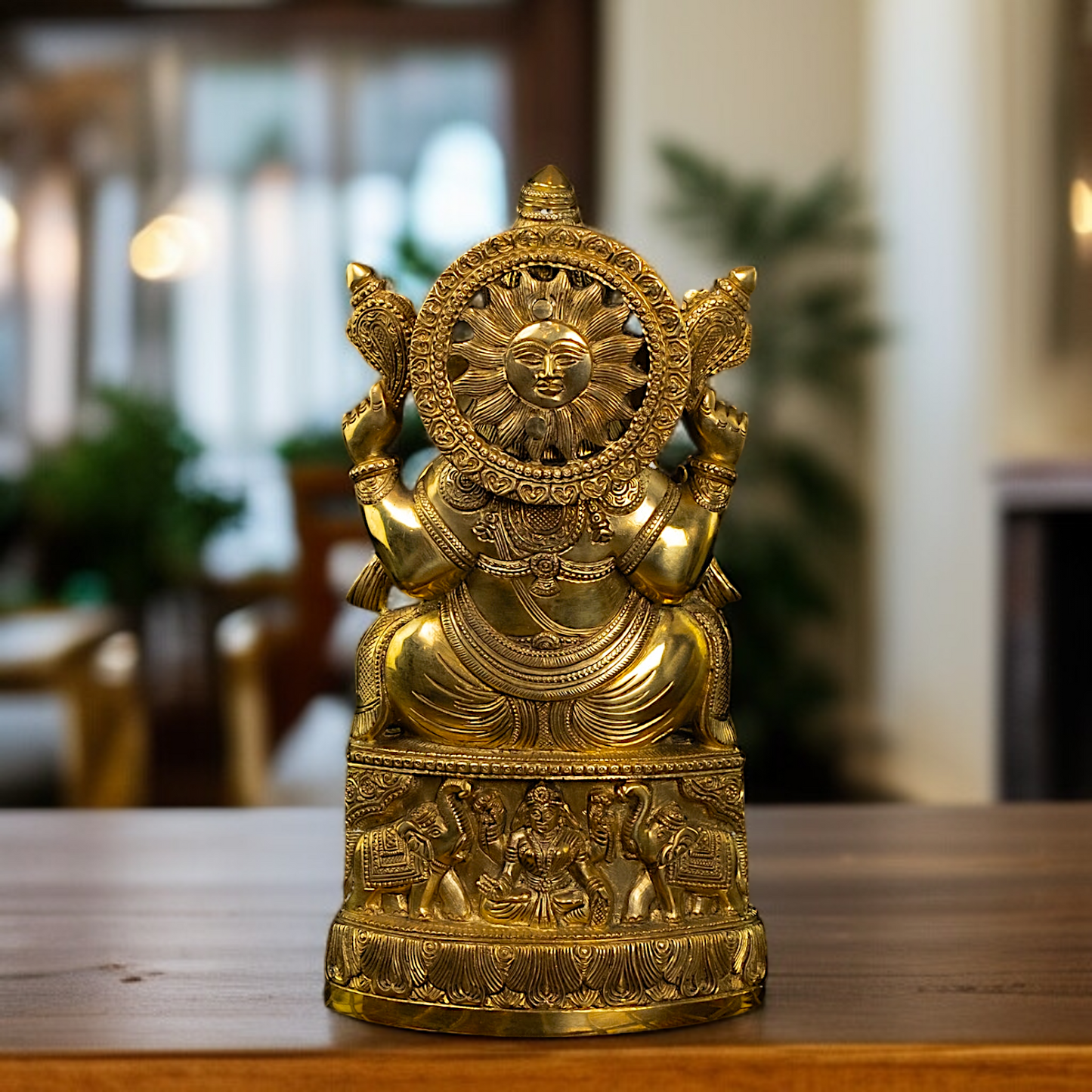 Antique Brass Ganesha Vinayaka Blessing seated on throne idol - 13.5 Inches Nikuressence