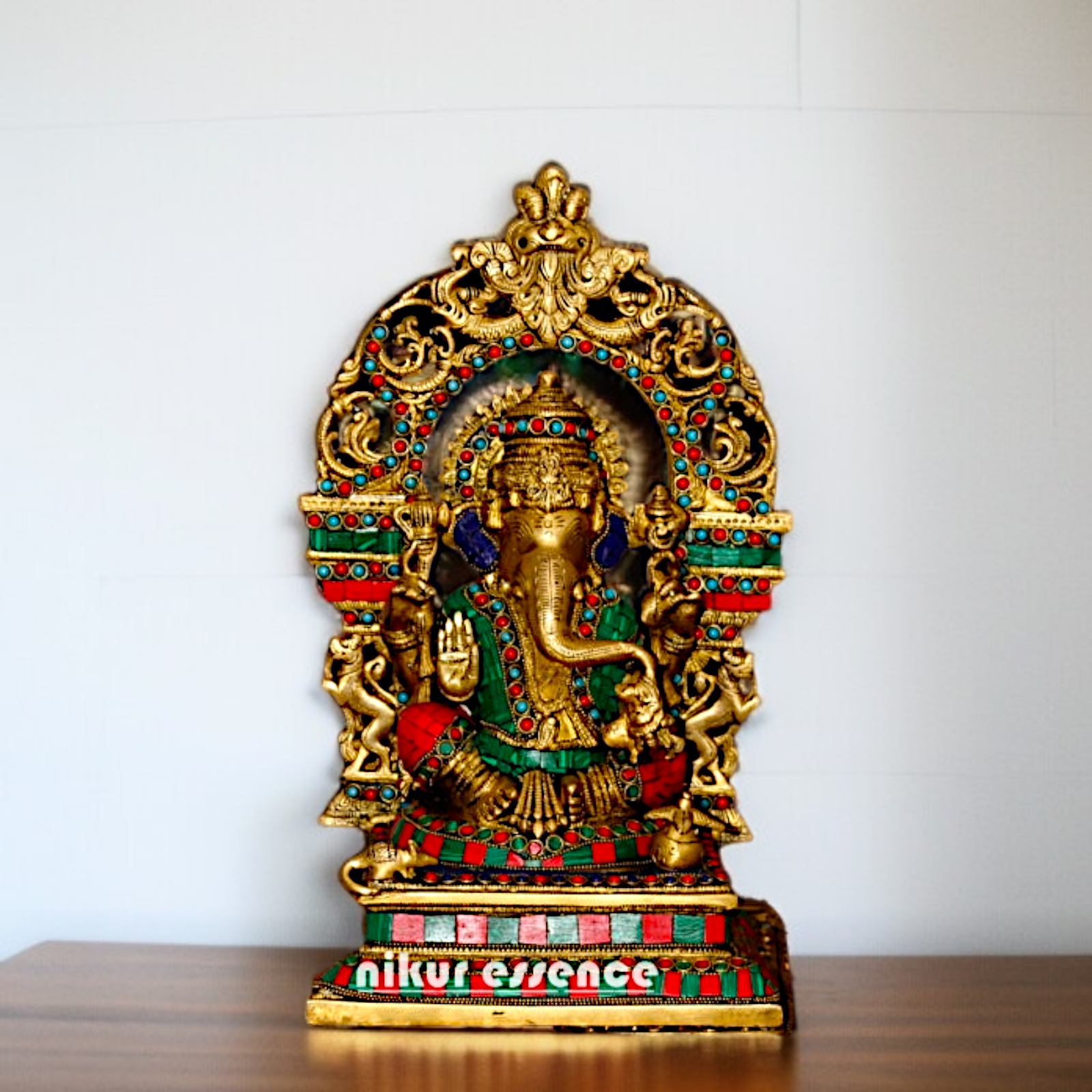 Brass Ganesha Sitting on singhasan with kirtimukha stone work idol - 15 Inches Nikuressence