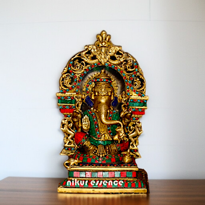 Brass Ganesha Sitting on singhasan with kirtimukha stone work idol - 15 Inches Nikuressence