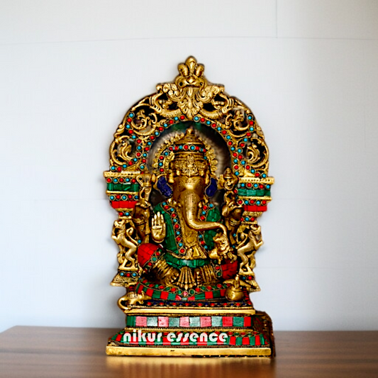 Brass Ganesha Sitting on singhasan with kirtimukha stone work idol - 15 Inches Nikuressence
