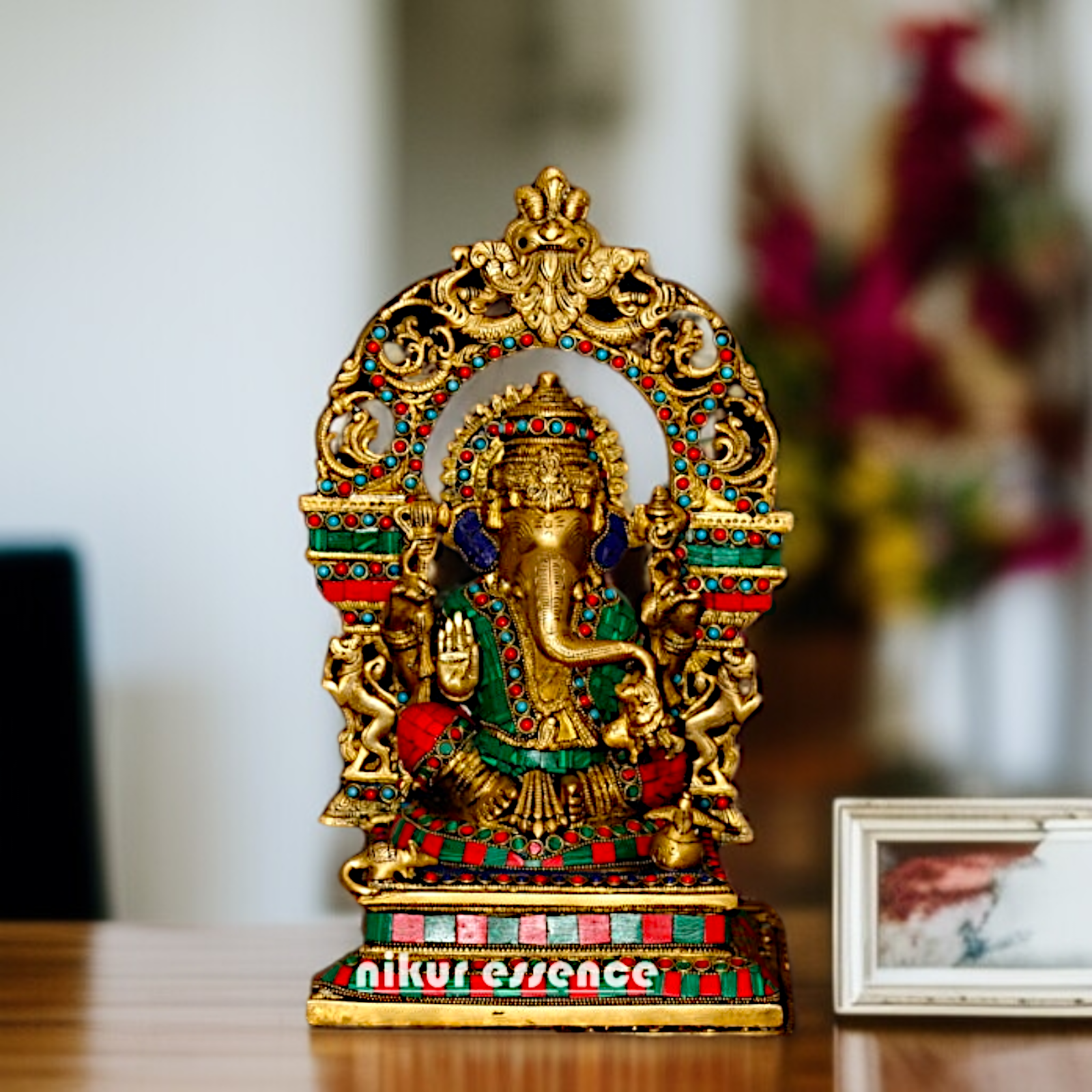 Brass Ganesha Sitting on singhasan with kirtimukha stone work idol - 15 Inches Nikuressence