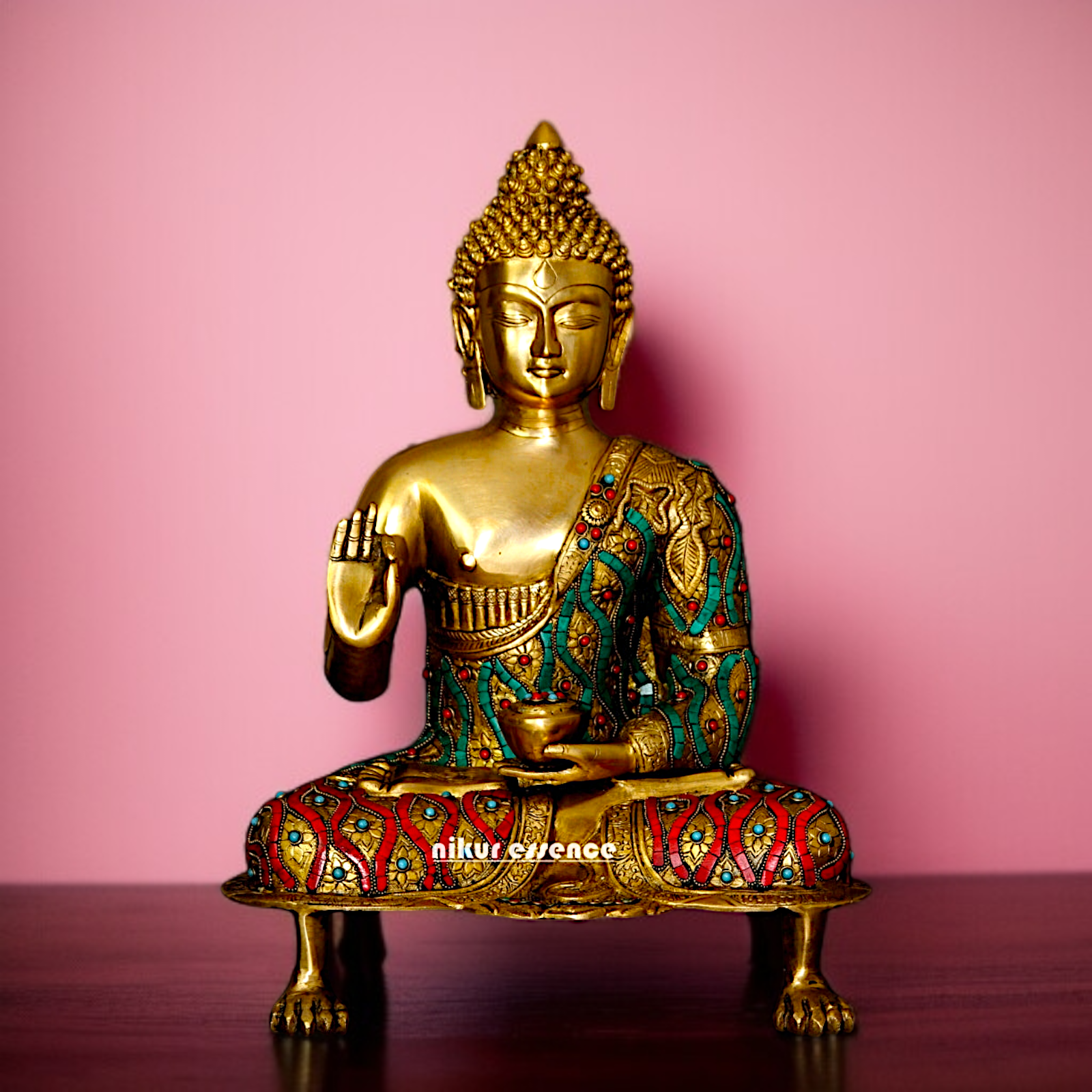 Lord Buddha sitting with Blessing Brass stone work idol - 19.5 Inches Nikuressence