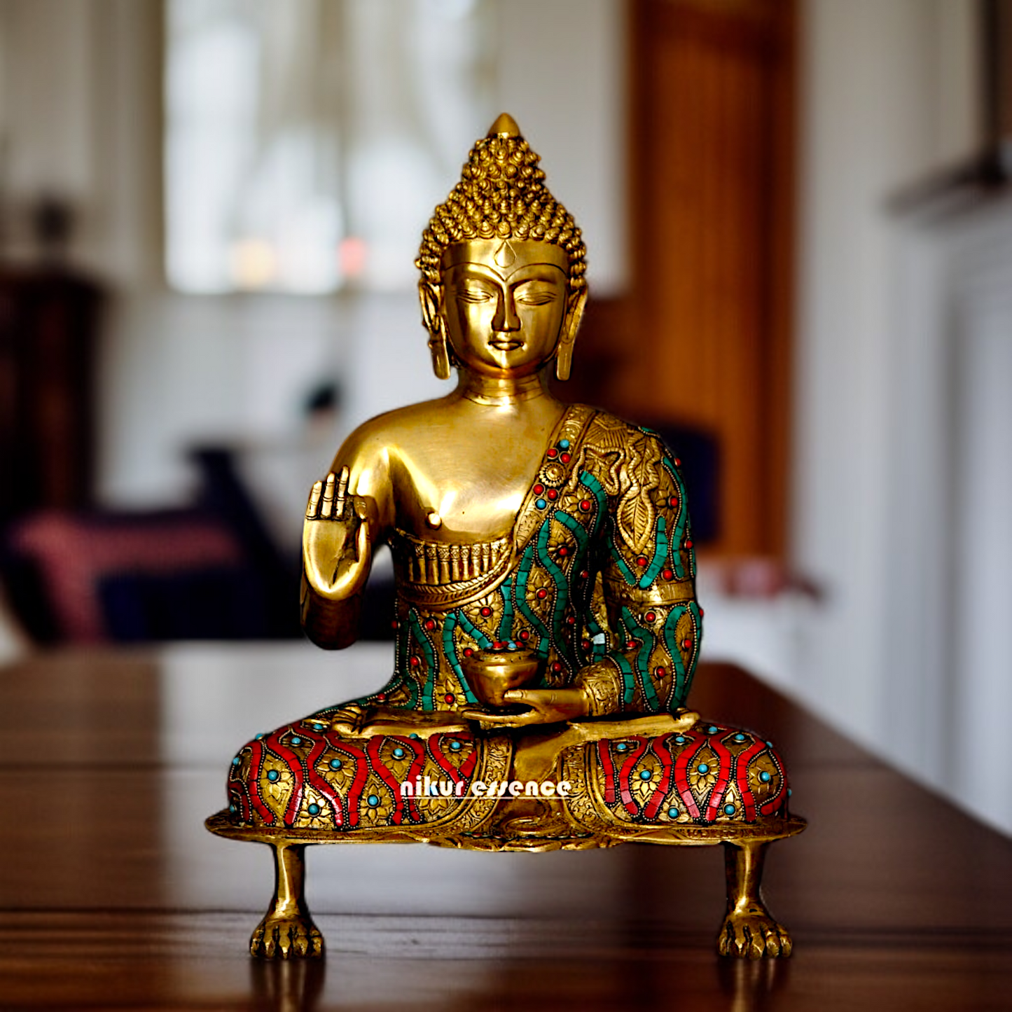 Lord Buddha sitting with Blessing Brass stone work idol - 19.5 Inches Nikuressence