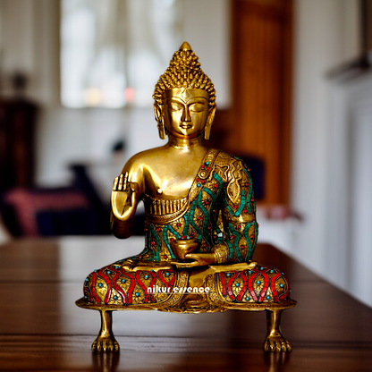 Lord Buddha sitting with Blessing Brass stone work idol - 19.5 Inches Nikuressence