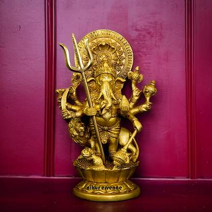 Drishti Ganesha Standing with Lion and hold trishul and Gada Brass idol - 10 Inches Nikuressence