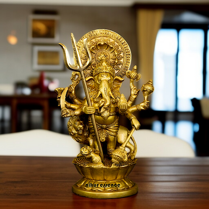 Drishti Ganesha Standing with Lion and hold trishul and Gada Brass idol - 10 Inches Nikuressence
