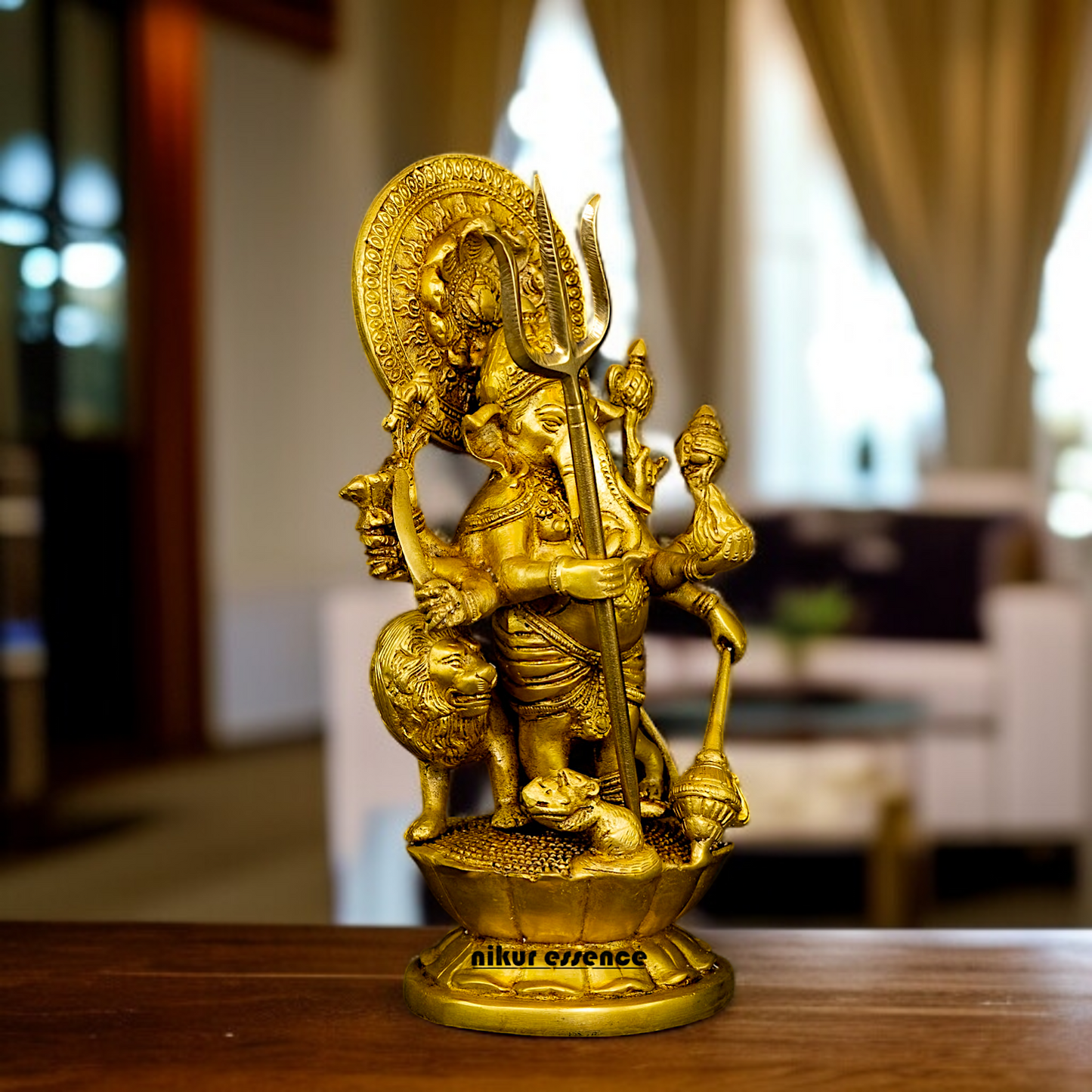 Drishti Ganesha Standing with Lion and hold trishul and Gada Brass idol - 10 Inches Nikuressence