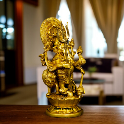 Drishti Ganesha Standing with Lion and hold trishul and Gada Brass idol - 10 Inches Nikuressence